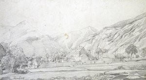 Veduta di edifici in un recinto murato con montagne sullo sfondo da Charles Francois Daubigny